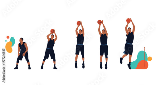 Step by step sequence showing a basketball player performing a jump shot from the preparation to the final follow through.