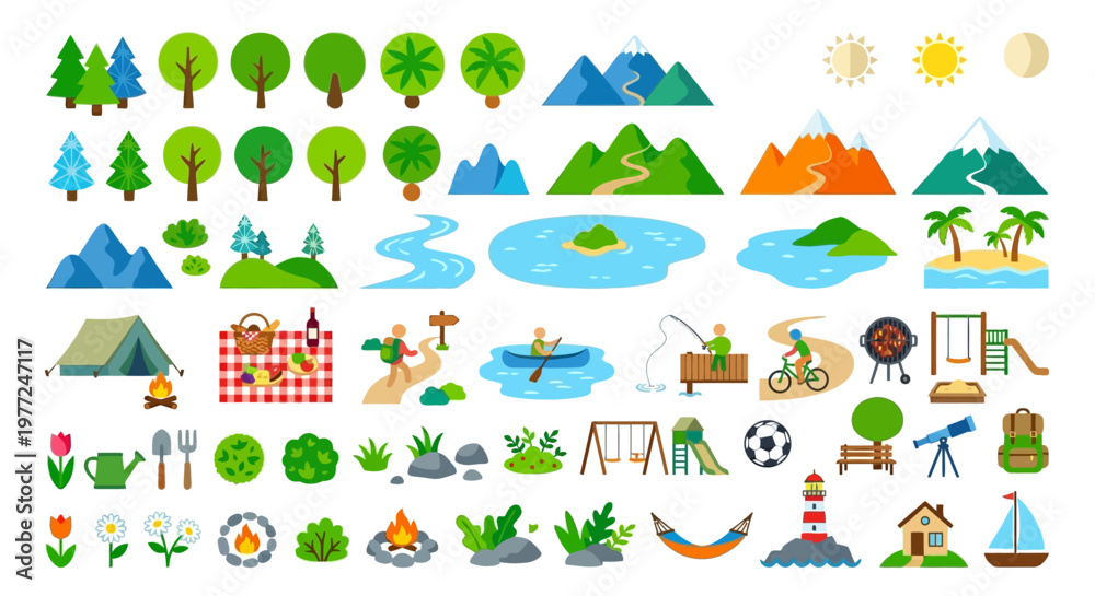 Naklejka premium Colorful collection of cartoon nature and outdoor activity icons