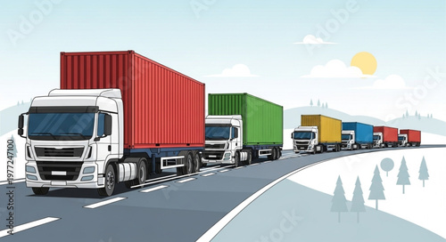 Convoy of Container Trucks on Highway - Freight Transport Illustration.