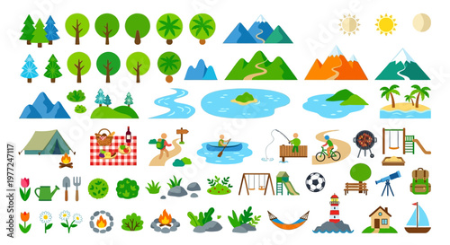 Colorful collection of cartoon nature and outdoor activity icons