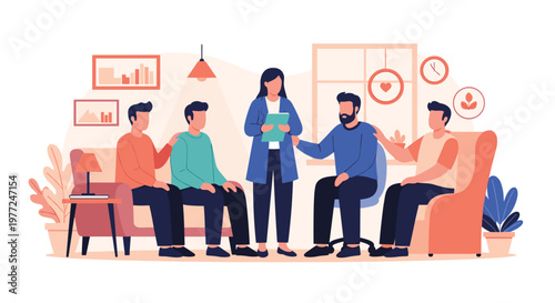 Group therapy session with professional counselor leading a meeting of diverse men sitting in a circle in a living room.