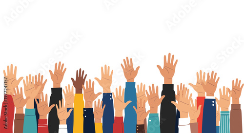 Large group of diverse hands with different skin tones raised up in the air symbolizing unity volunteering and voting.
