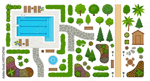 Overhead view of a colorful garden with a swimming pool and landscaping