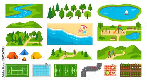 Colorful illustrations depicting various outdoor recreational scenes and landscapes