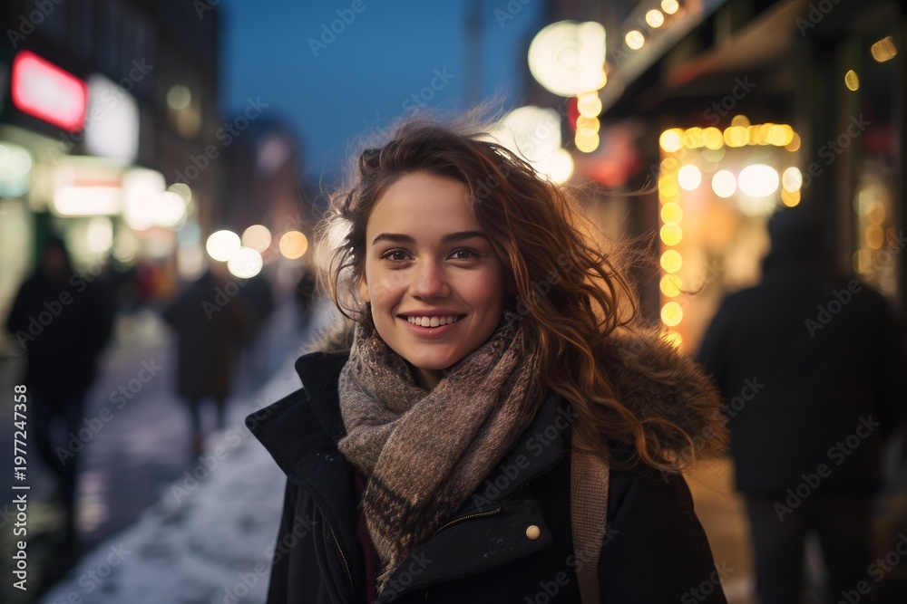 Fototapeta premium Young woman smiling while walking on a bustling city street during winter evening