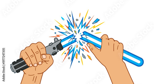 Hands clashing lightsabers together generating sparks and shattered energy