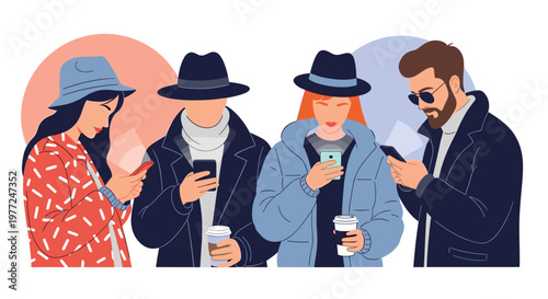 Group of young people wearing warm winter coats and hats using their mobile phones while drinking coffee outdoors.
