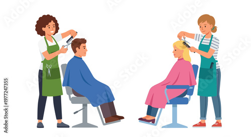 Two hairdressers providing haircuts to clients in a salon setting