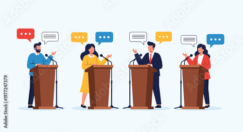 Four diverse political or business candidates speaking from podiums during a public debate or conference with speech bubbles.