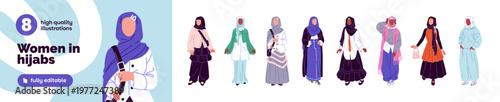 Islamic girls with hijabs set. Muslim arabs are wearing fashion outfits. Happy moslems in headscarves and stylish clothes. Women with scarves on head. Flat isolated vector illustrations on white.