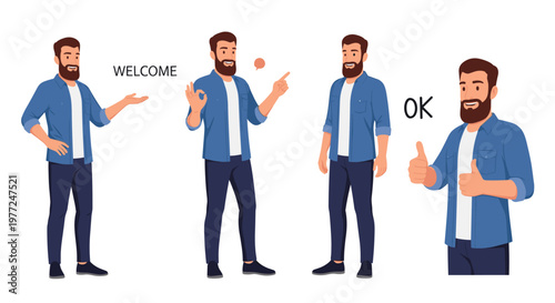Set of four illustrations showing a friendly bearded man making welcome okay and thumbs up gestures for positive communication.