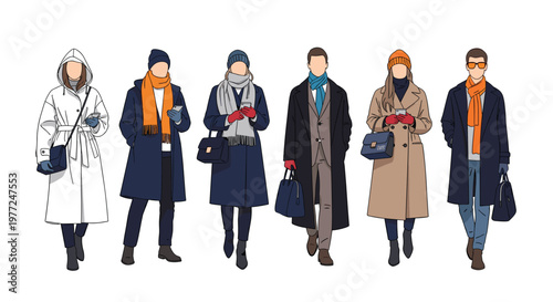 Diverse group of people wearing fashionable winter coats scarves and accessories walking while using smartphones or carrying bags.