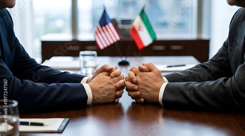 Business negotiation with USA and Iran flags representing diplomatic talks international relations geopolitical tension and political agreement concept