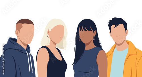 Set of four diverse faceless avatar characters with different skin tones hair styles and colorful fashion clothing outfits.