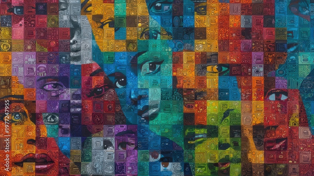 Fototapeta premium Colorful Mosaic Artwork Featuring Unique Faces Capturing Diversity and Expression in Artistic Form
