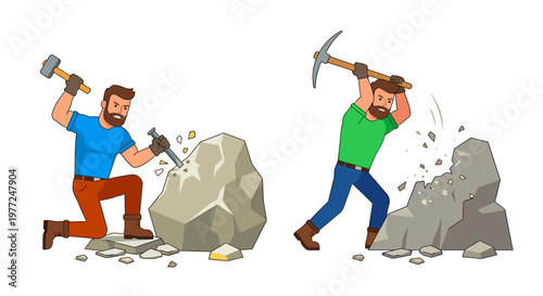 Two miners breaking rocks with tools in a cartoon illustration