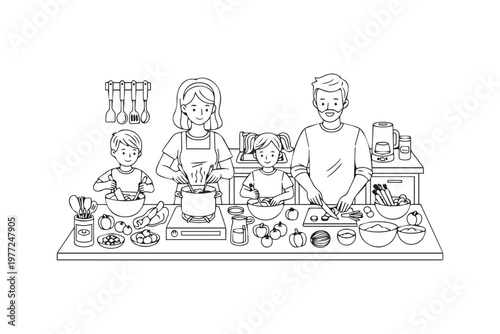 Family Preparing Food Together Outline Illustration, Home Kitchen Activity Concept Suitable for Educational Content, Parenting Media and Lifestyle Design