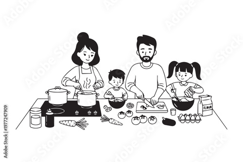 Happy Family Cooking Together in Kitchen Line Art Illustration, Home Lifestyle Activity Suitable for Recipe Content, Parenting Blog and Food Campaign