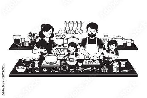 Happy Family Cooking Together in Kitchen Line Art Illustration, Home Lifestyle Activity Suitable for Recipe Content, Parenting Blog and Food Campaign