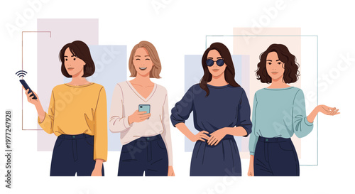 Stylish women standing together while using modern technology gadgets like remote controls and mobile smartphones.