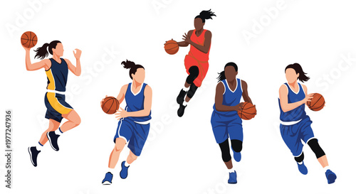 Dynamic female basketball players shown in various athletic poses including dribbling, jumping, and shooting hoops.