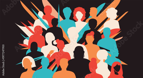 Abstract colorful silhouettes representing a large diverse crowd of people in a vibrant artistic composition.