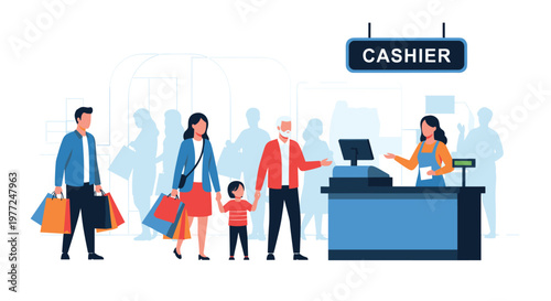 Diverse group of shoppers standing in line at a grocery store cashier counter with colorful shopping bags to pay for their items.