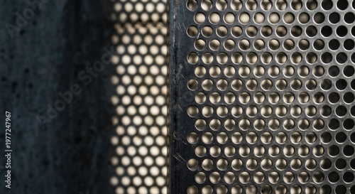 Close-up view of a textured perforated metal grill with geometric circular patterns and dramatic shadow play