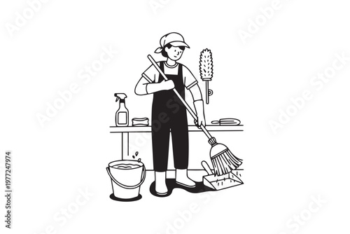 Professional Cleaning Service Worker Holding Tools Line Art Illustration, Housekeeping and Hygiene Concept Suitable for Home Service Business and Maintenance Design