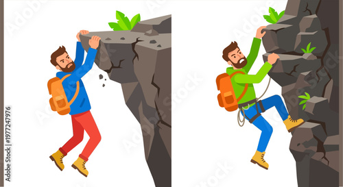 Two cartoon men rock climbing with backpacks on a cliff face