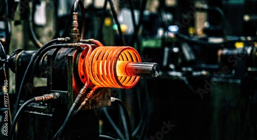 Intense glowing industrial coil heating metal rod within manufacturing equipment