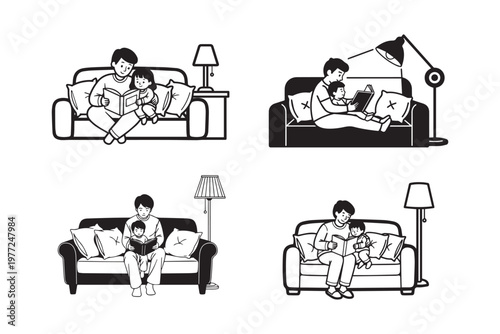 Father Reading Book with Child on Sofa Cozy Home Scene Line Art Illustration, Parenting Bonding Concept Suitable for Family Blog, Education Content and Lifestyle Design
