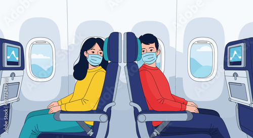 Airplane passengers wearing protective face masks while sitting in their seats during a commercial flight journey.