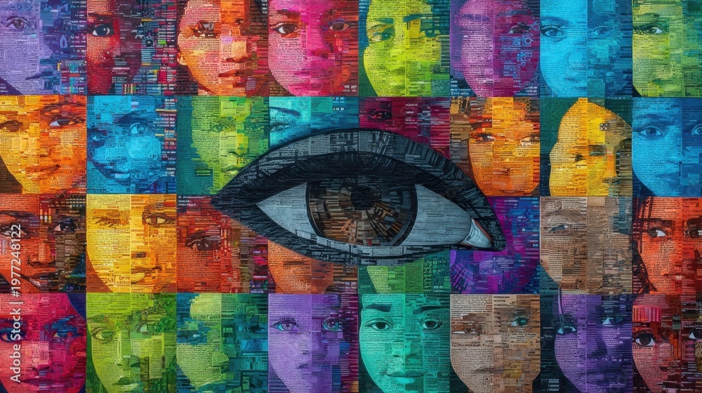 Fototapeta premium Mosaic of Diverse Faces in Vibrant Colors Showcasing Human Expression and Emotion