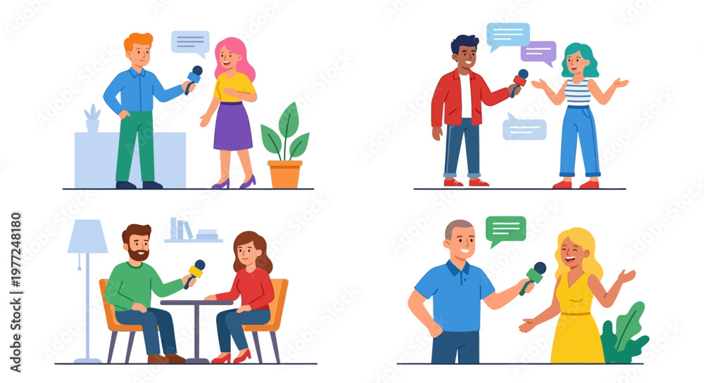 Fototapeta premium Journalists interviewing people in various settings colorful illustration