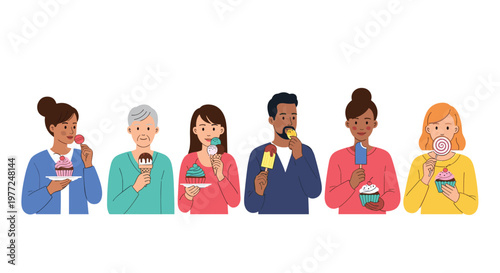 Row of diverse people happily enjoying various sweet treats like ice cream cones, popsicles, and cupcakes during a celebration.