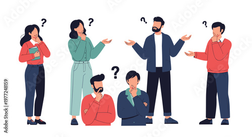Group of diverse people with question marks floating above them while looking confused or thoughtful during a brainstorming session.
