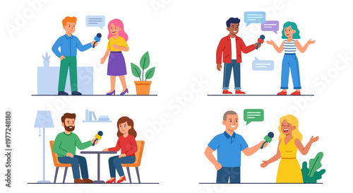 Journalists interviewing people in various settings colorful illustration