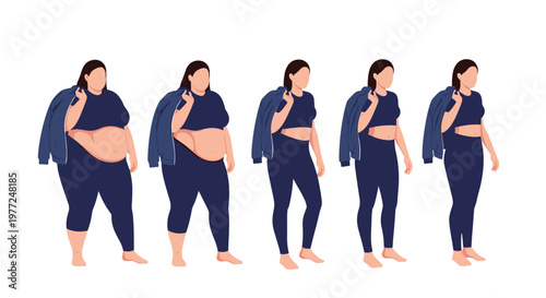 Progressive sequence illustrating a woman's physical transformation from being overweight to reaching a fit body.