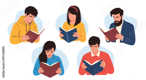 Group of diverse individuals shown from the chest up while deeply focused on reading their own books to gain knowledge and wisdom.