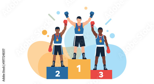 Three successful boxers standing on a winner victory podium with medals around their necks in a sports competition.