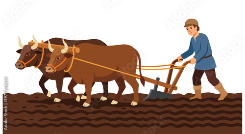 A farmer plowing a field with a team of oxen in a rural setting