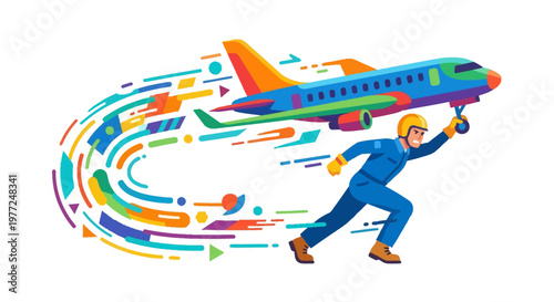 A person dramatically runs while holding up a passenger airplane