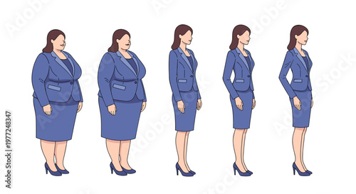 Illustrative sequence showing a professional woman's body transformation and weight loss over time while wearing a blue business suit.