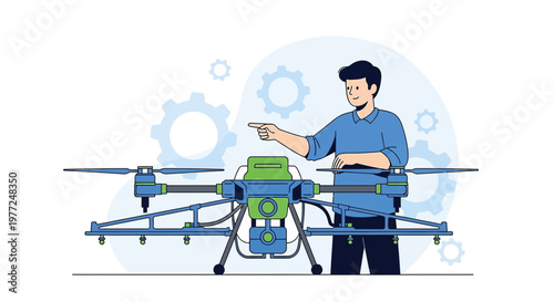 Agricultural innovation illustrated by a man guiding a drone with gear icons on a white background