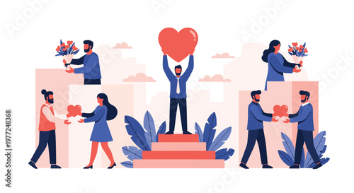 People sharing love and affection by giving hearts and flowers to each other in a city landscape background with modern buildings.