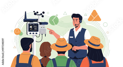 Agricultural science students learning about advanced weather monitoring technology system