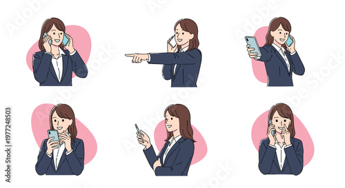 Businesswoman shown in several different poses while using a smartphone for calls, messaging, and pointing directions.