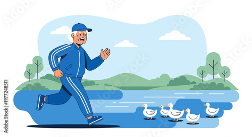 Active senior man jogging by the lake with ducks enjoying outdoor exercise routine