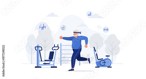 Active senior man jogging in a park equipped with exercise machines for healthy aging